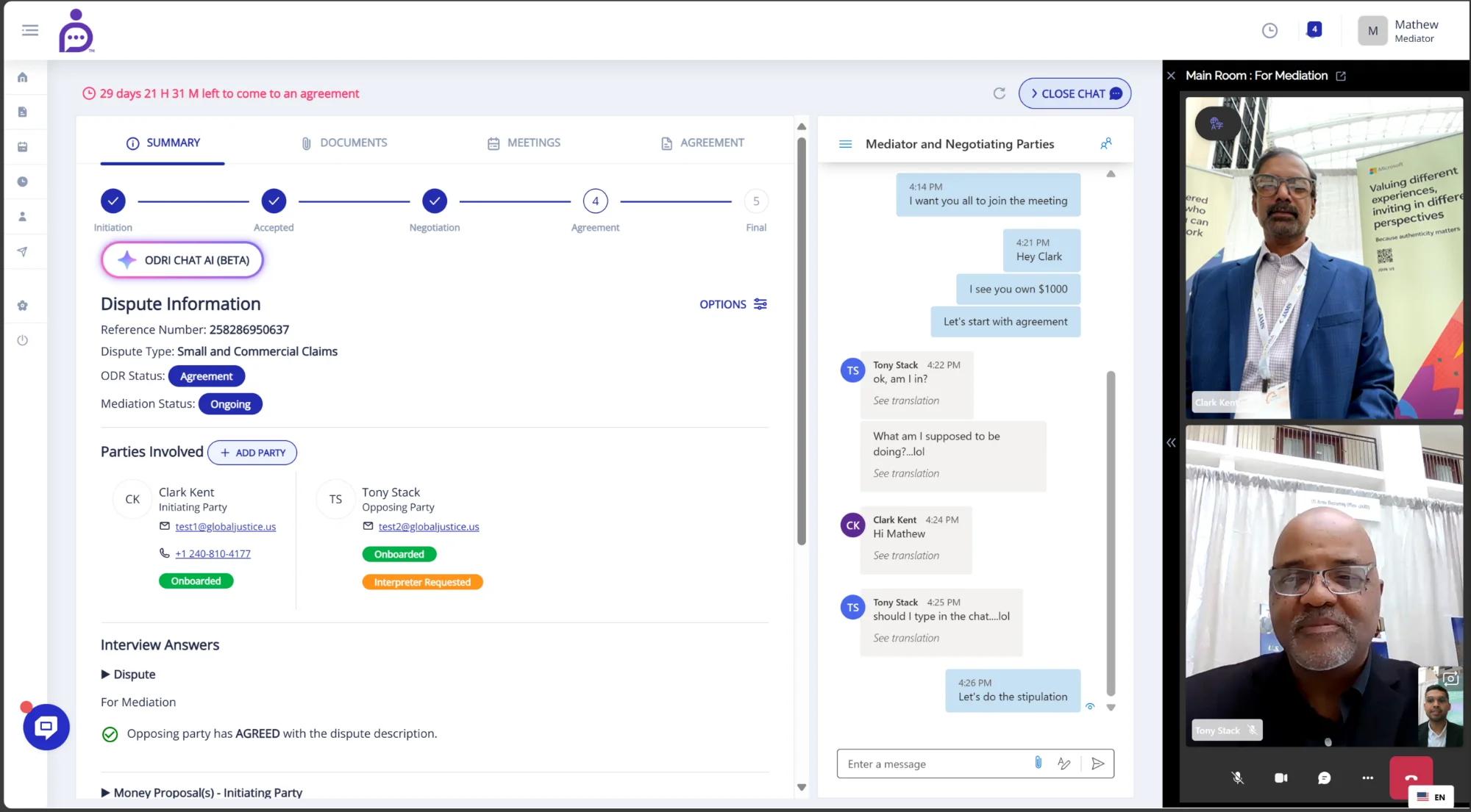ODRI Platform - Mediation Dashboard with Video Conferencing
